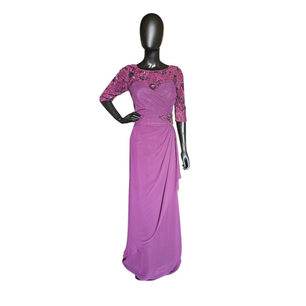 Plum Lace Sleeve Illusion Side Ruched Formal Gown - MGNY